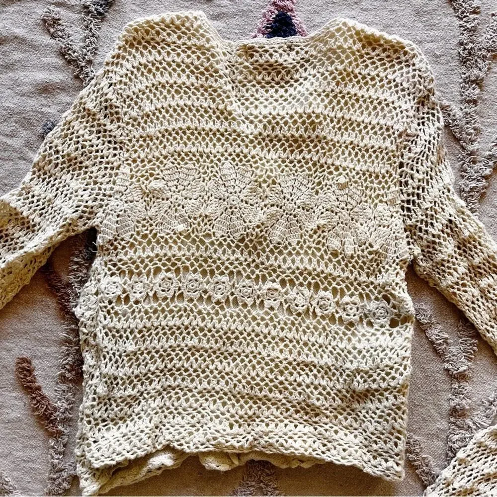 Vintage Willow Ridge Ivory Crochet Button Front Cardigan Medium Cottage Granny - Picture 5 of 10